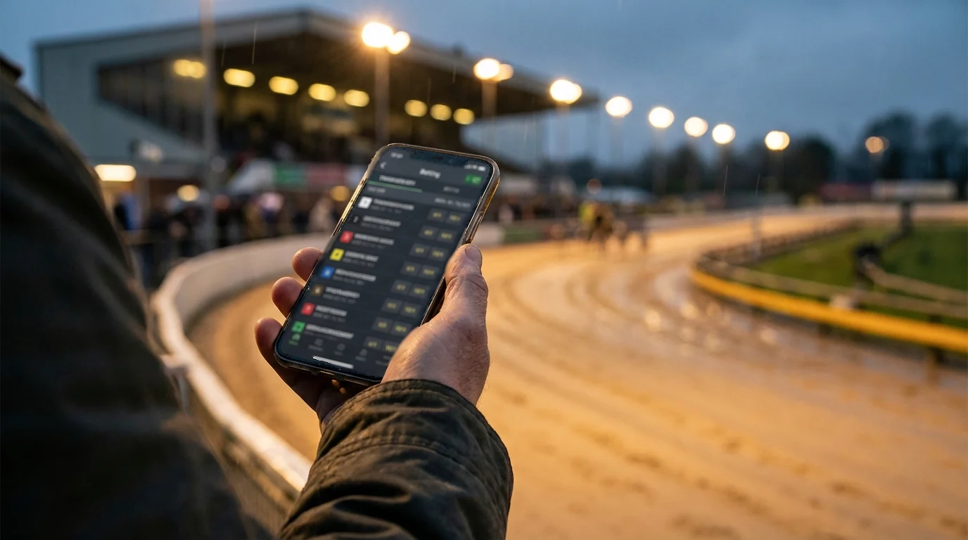 Best greyhound betting sites UK — person comparing odds on a smartphone at a greyhound racing track