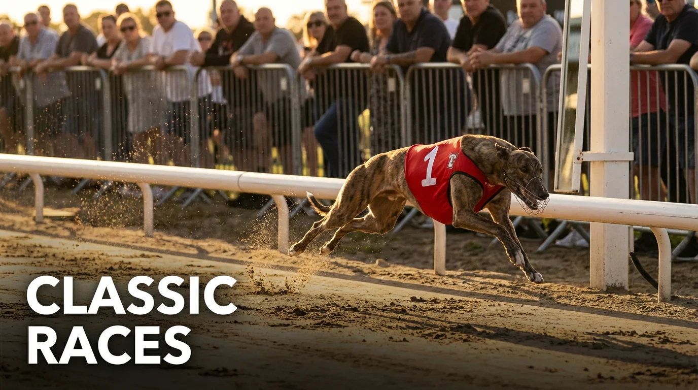 Greyhound crossing the finish line at a classic UK race with the crowd watching