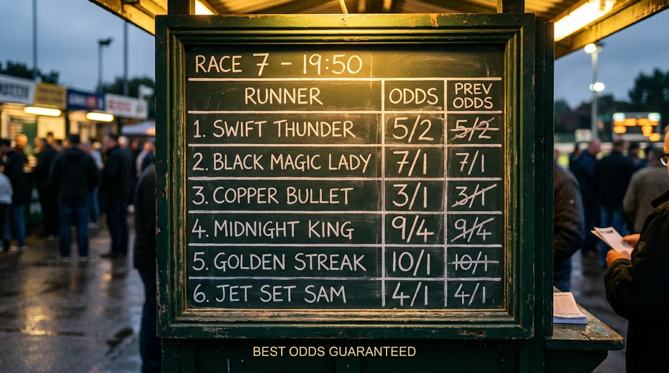 Greyhound racing odds board at a UK bookmaker showing best odds guaranteed