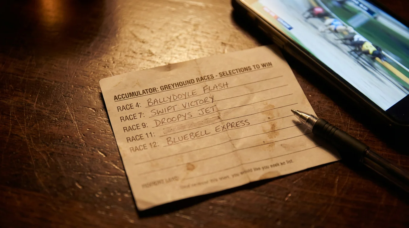 Betting slip with multiple greyhound race selections for an accumulator bet