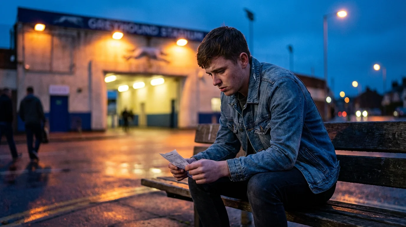 Frustrated bettor looking at a losing greyhound racing slip