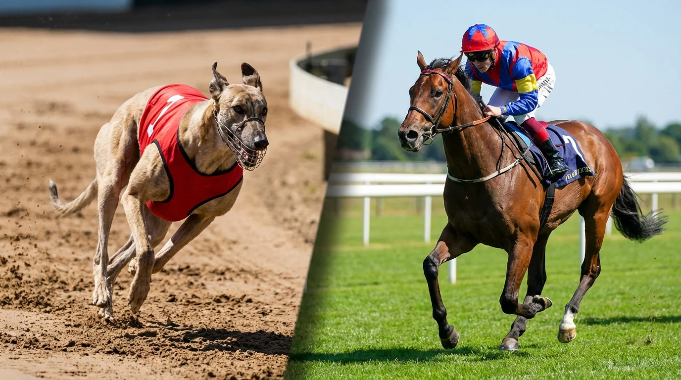 Split view of a greyhound race and a horse race on adjacent tracks