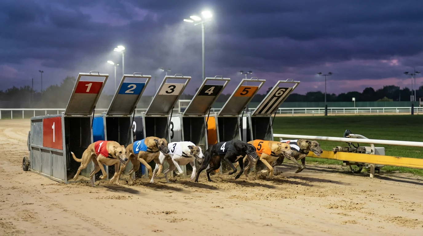 Six greyhounds bursting from the starting traps at Towcester during a first-round heat of the English Greyhound Derby