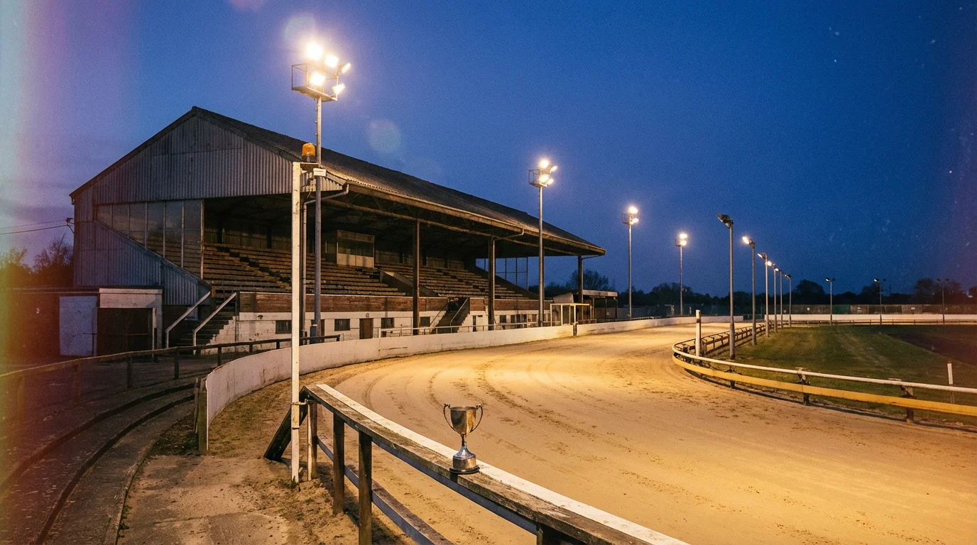 Greyhound Derby history — vintage greyhound racing scene at a floodlit stadium with spectators in the stands