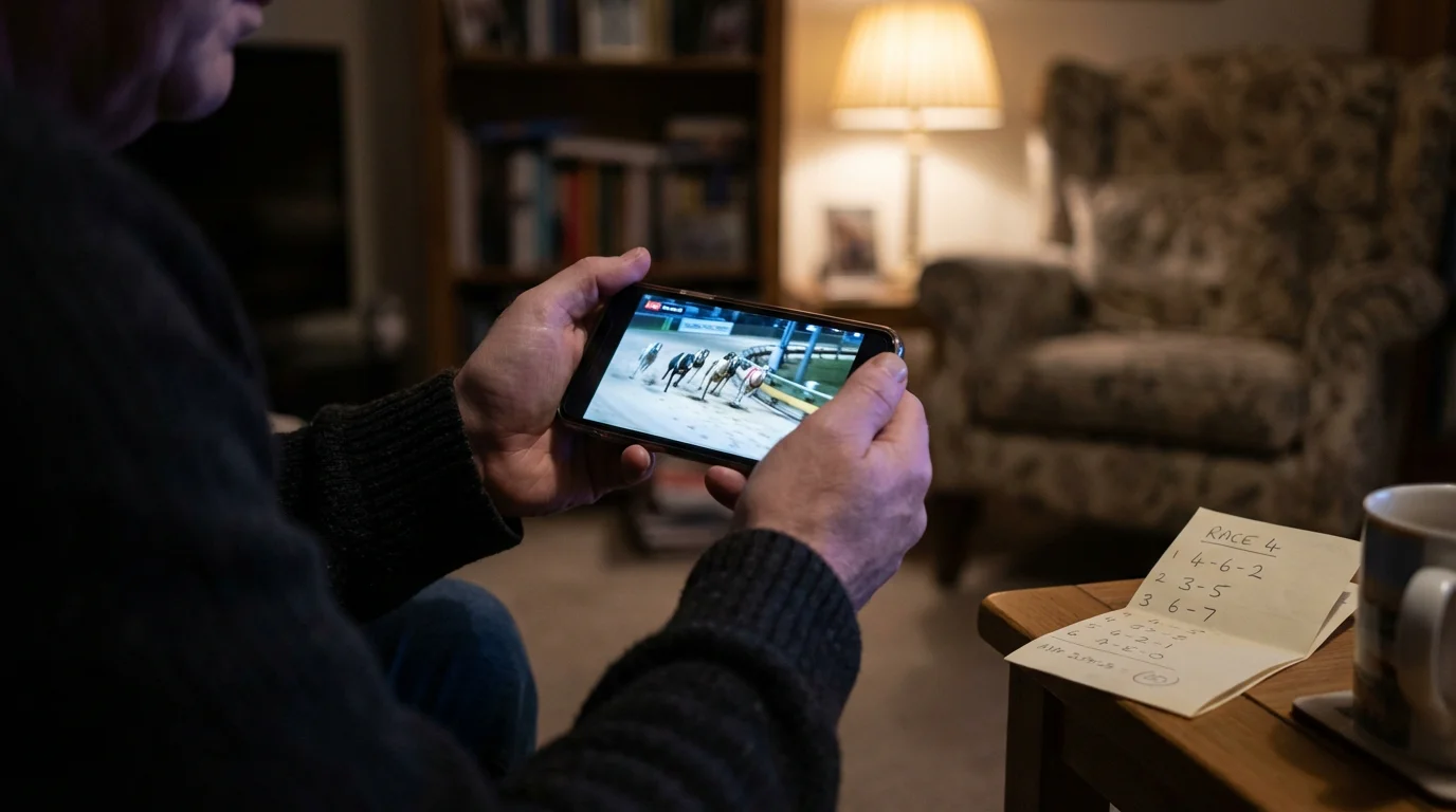 A person watching a live greyhound race on a mobile phone screen while seated, with a betting slip beside them