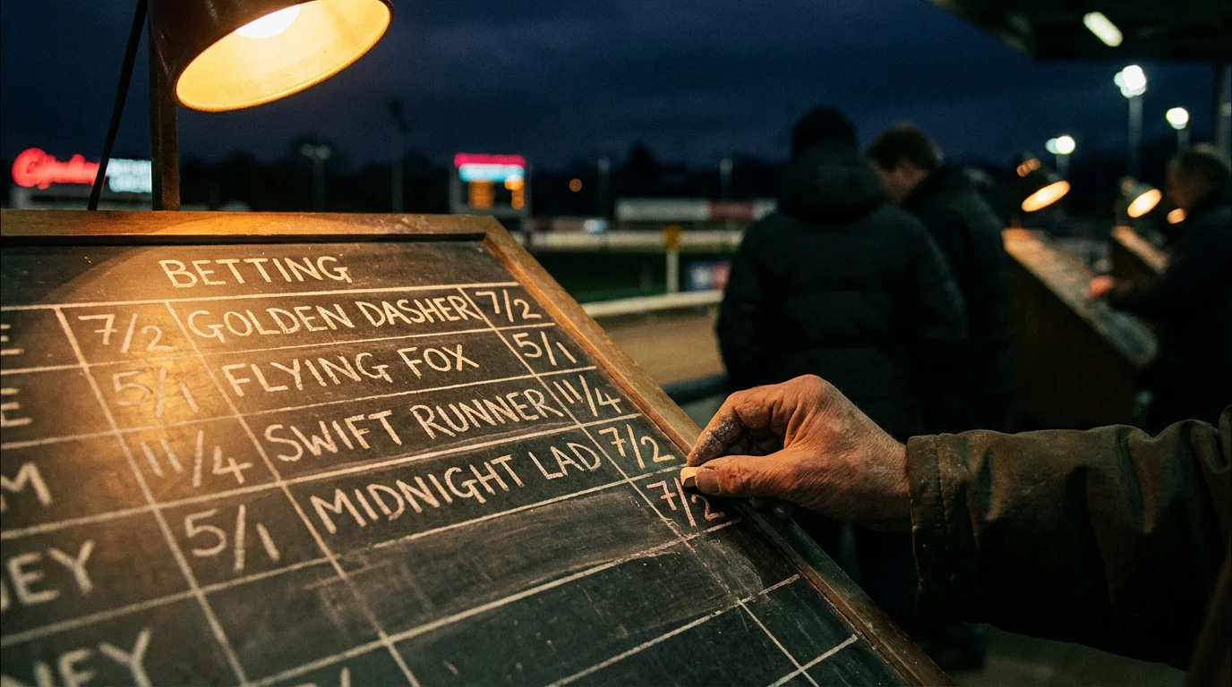 Greyhound Derby odds board with ante-post prices at a UK bookmaker before the race