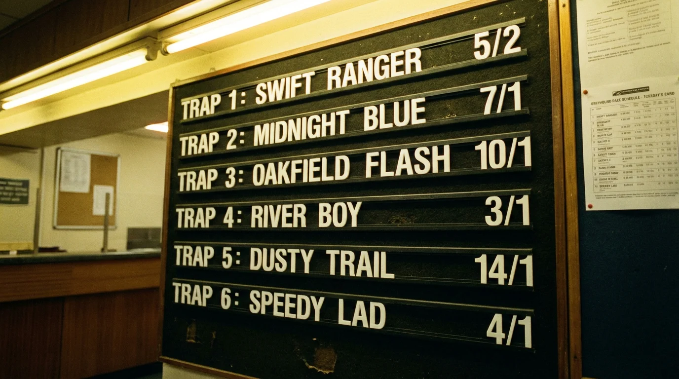 Close-up of a bookmaker odds board showing fractional prices for greyhound racing at a British betting shop
