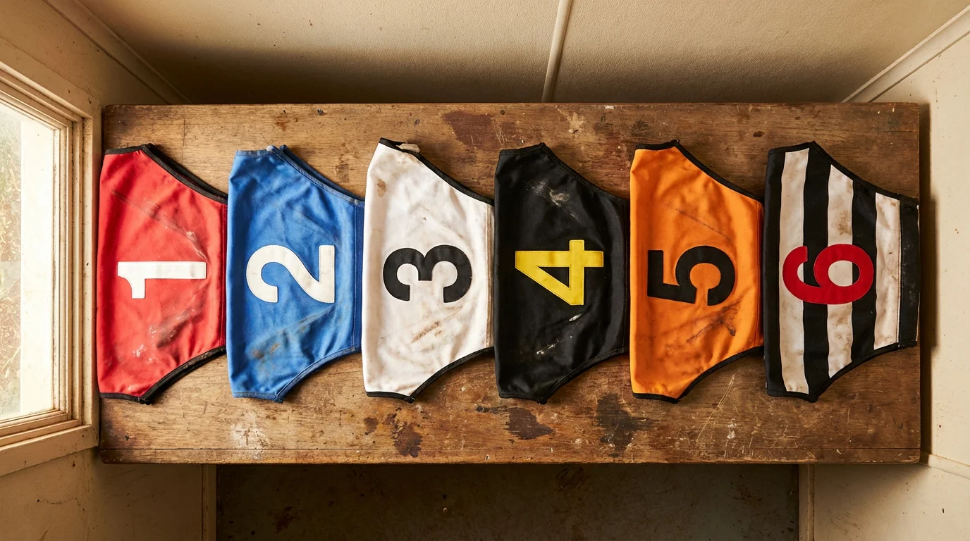 Six greyhounds wearing coloured trap jackets lined up at starting traps