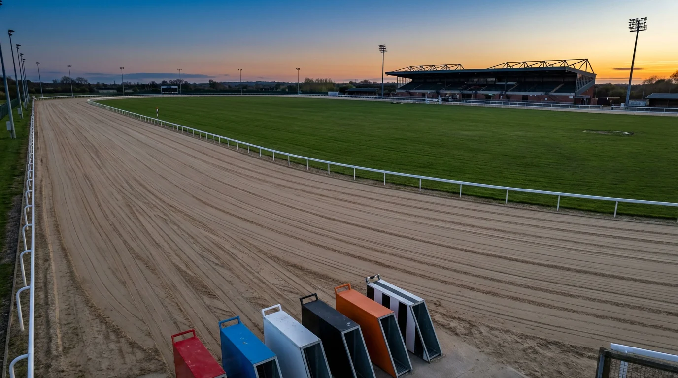 Aerial view of the first bend at Towcester greyhound track showing the wide run-up from traps to the turn on the sand surface