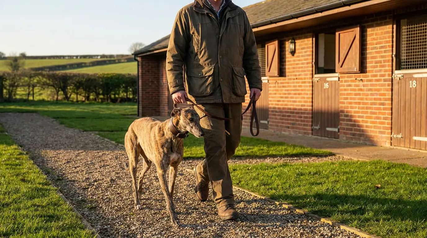 Greyhound owner walking a racing dog outside a kennel building
