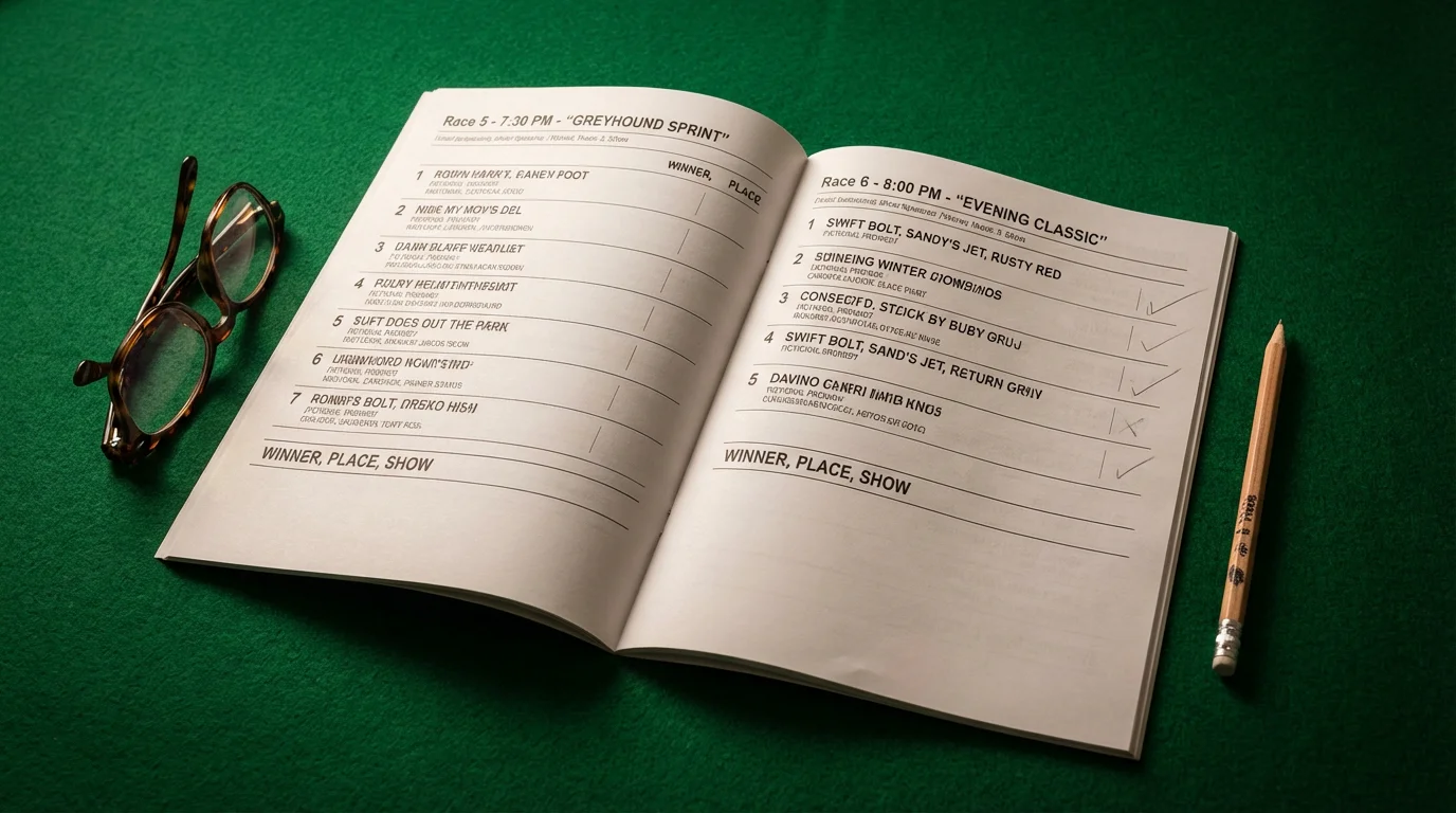 Greyhound racing event programme and schedule on a table with a pen