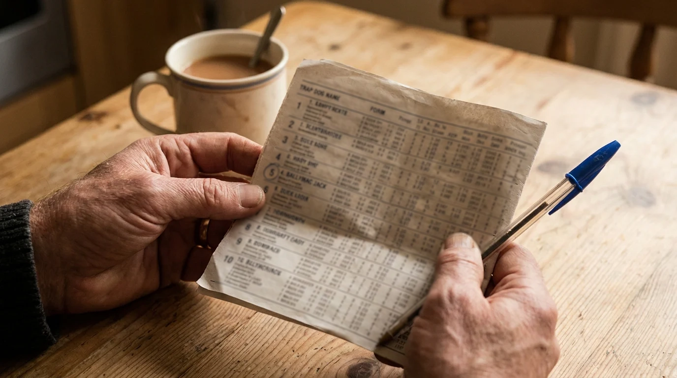 Greyhound racing form guide — close-up of a printed race card with form figures and sectional times