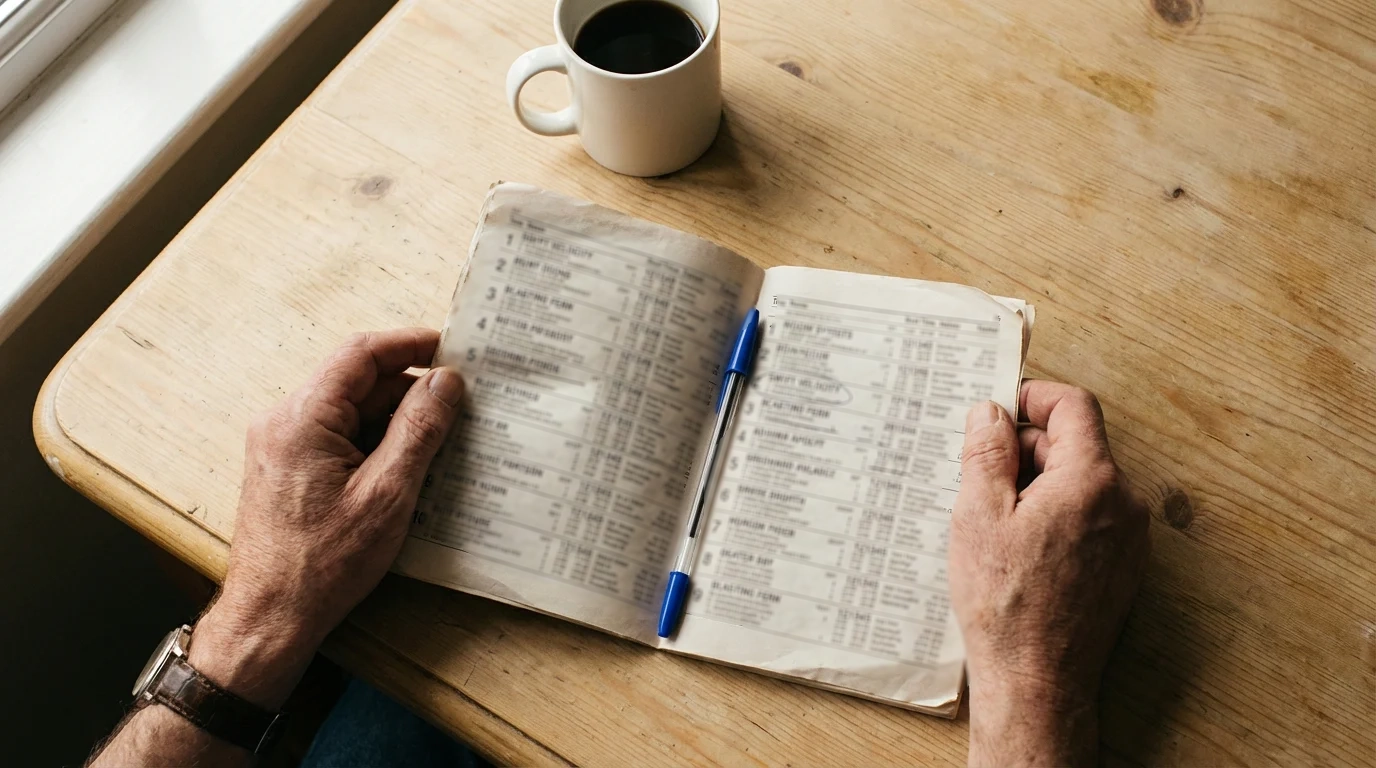 A punter studying a greyhound race card and form guide with a pen, reviewing sectional times and trap records