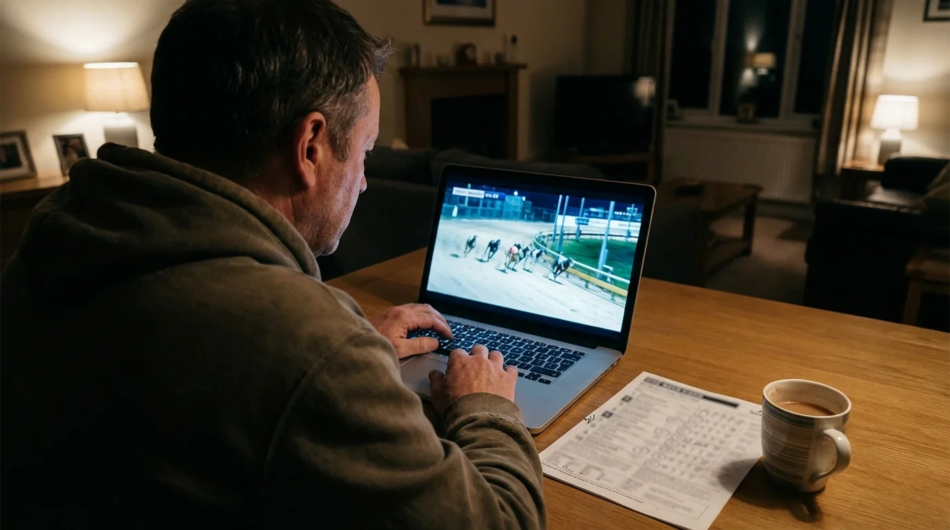 Laptop screen showing a live greyhound race stream with race card