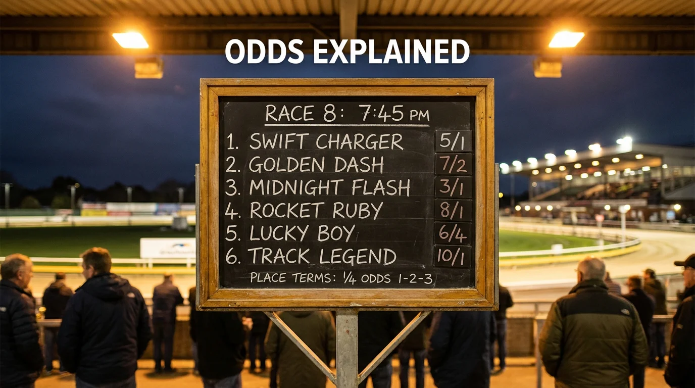 Greyhound racing odds displayed on a bookmaker board at a UK track