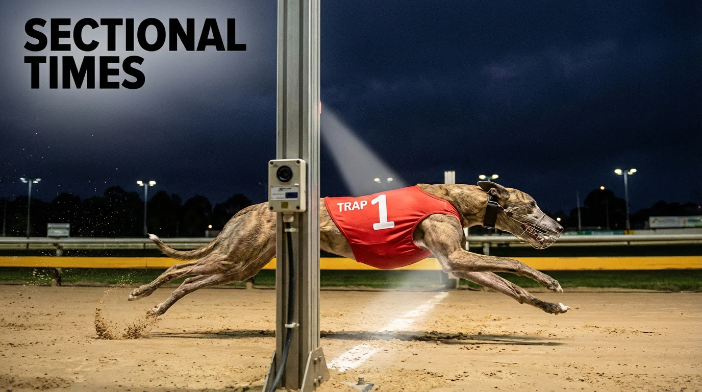 Greyhound racing sectional times with dogs sprinting past a timing beam