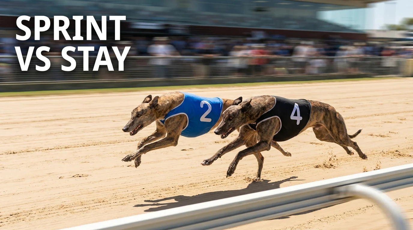 Greyhounds racing at full speed on a sand track during a sprint race