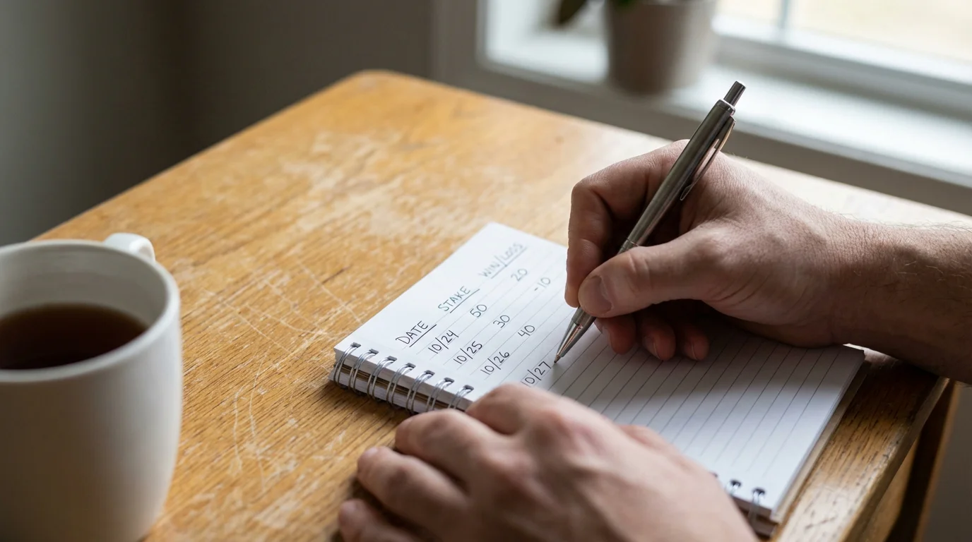 Person writing a staking plan in a notebook with a pen at a desk