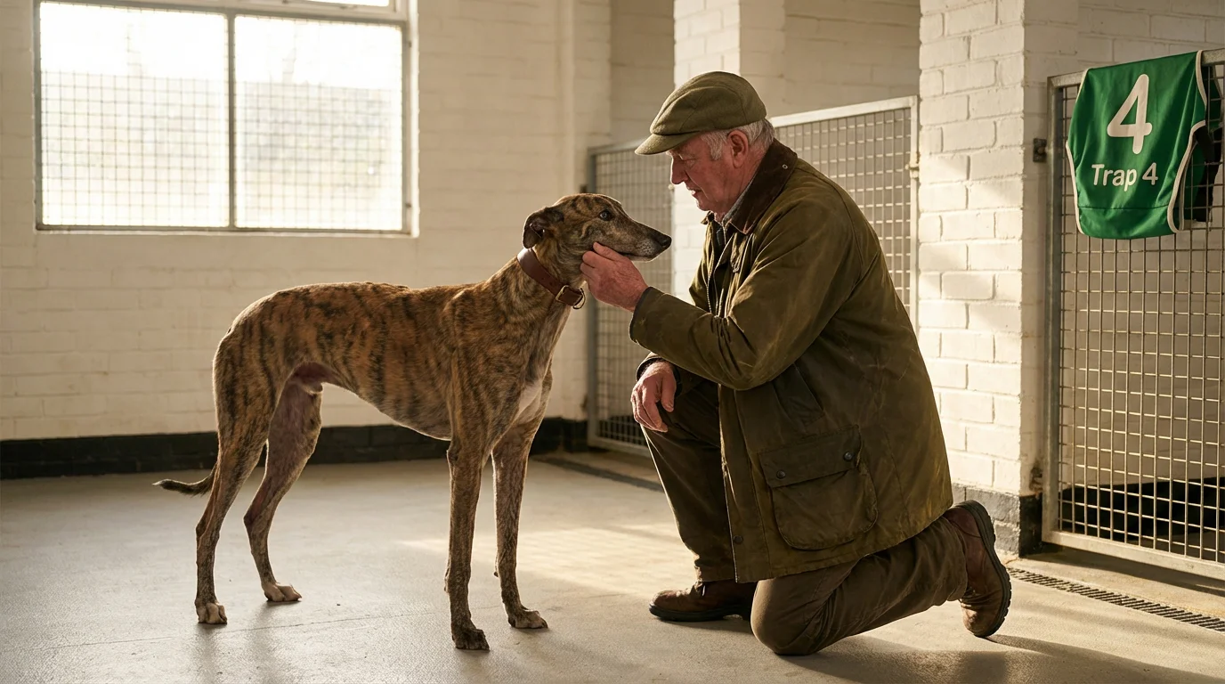 Greyhound trainer preparing a racing dog at the kennels before a race