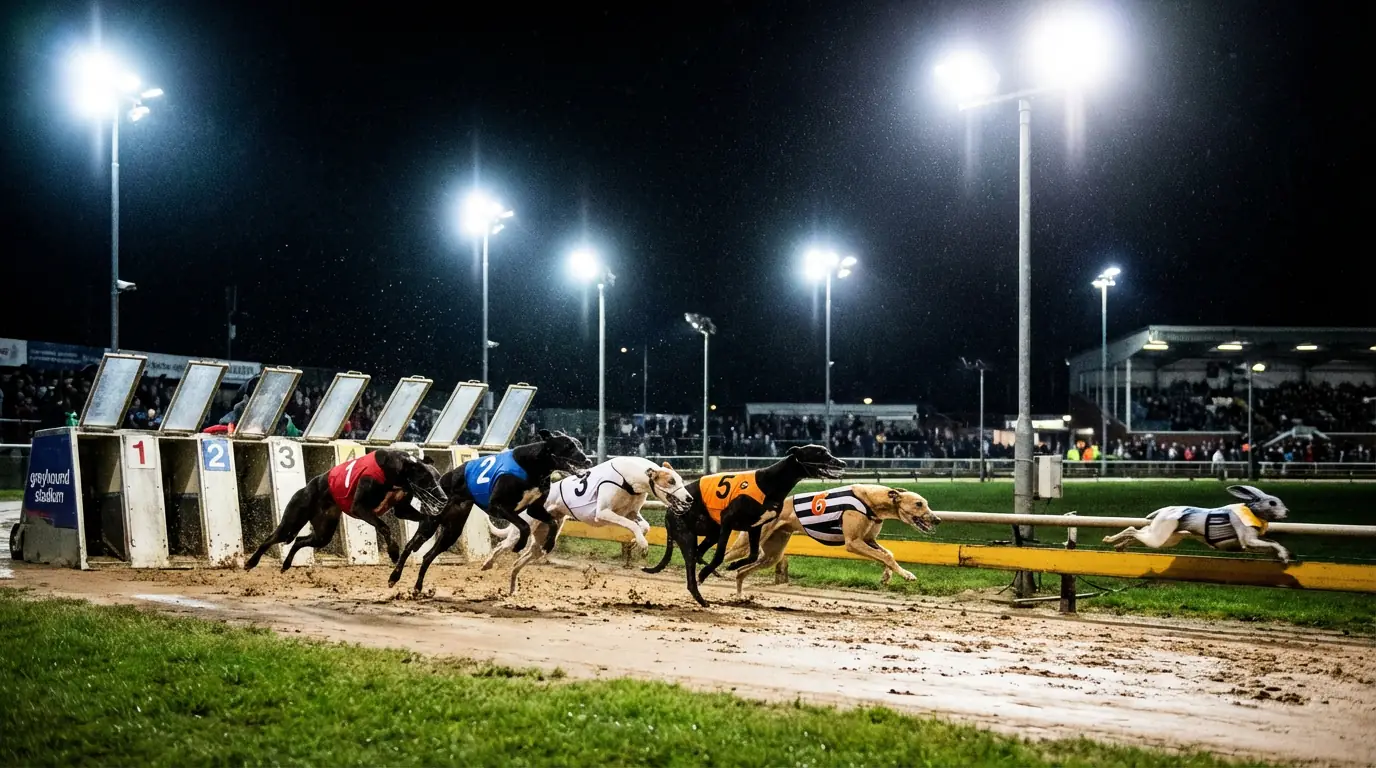 Six greyhounds racing out of traps on a sand track under floodlights
