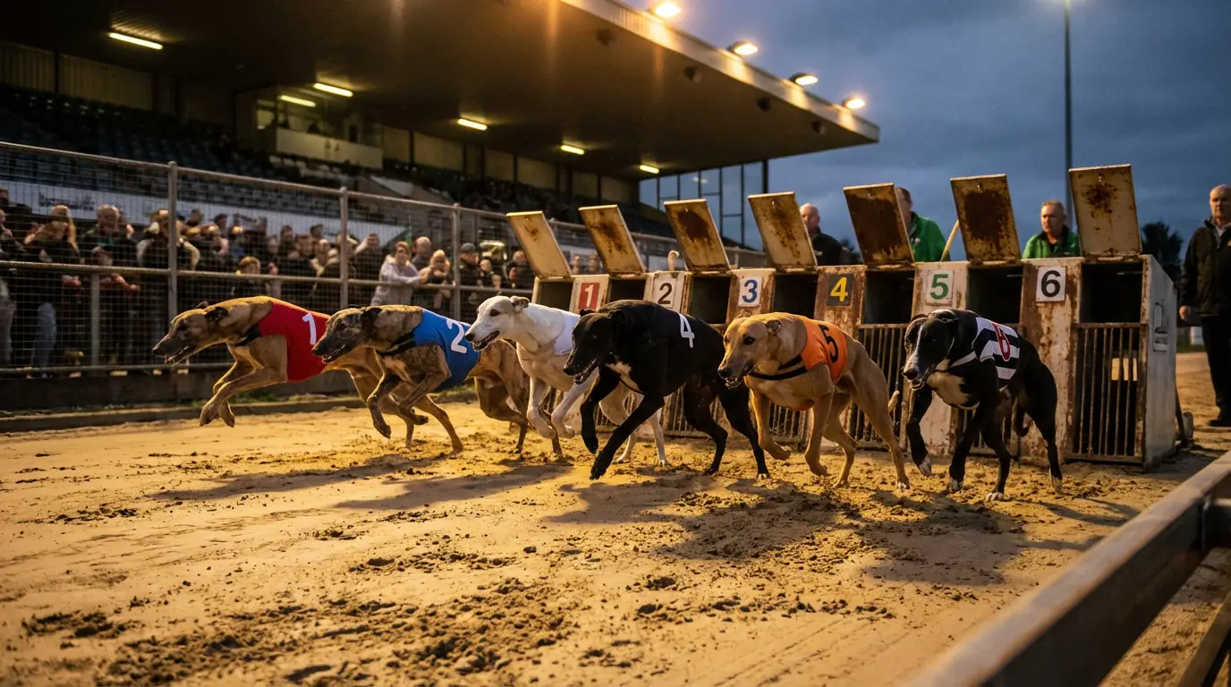 How to bet on greyhound racing — six greyhounds sprinting from traps on a sand track under floodlights
