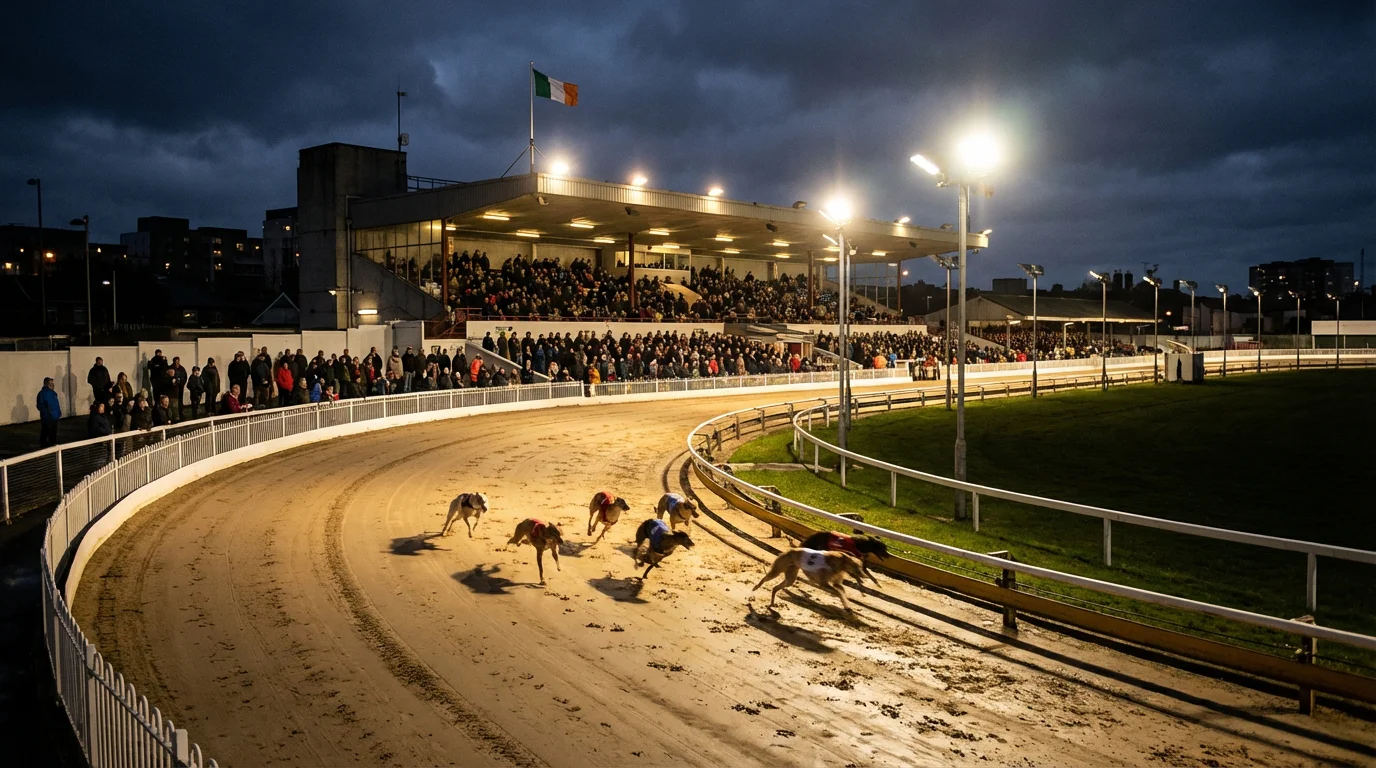 Greyhounds racing at Shelbourne Park during the Irish Greyhound Derby