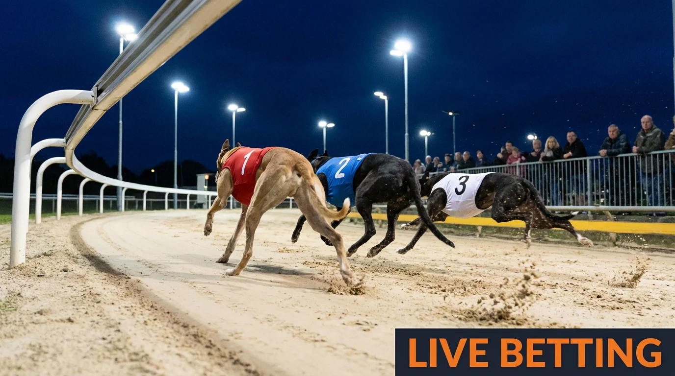 Live greyhound race in progress at a UK track under floodlights